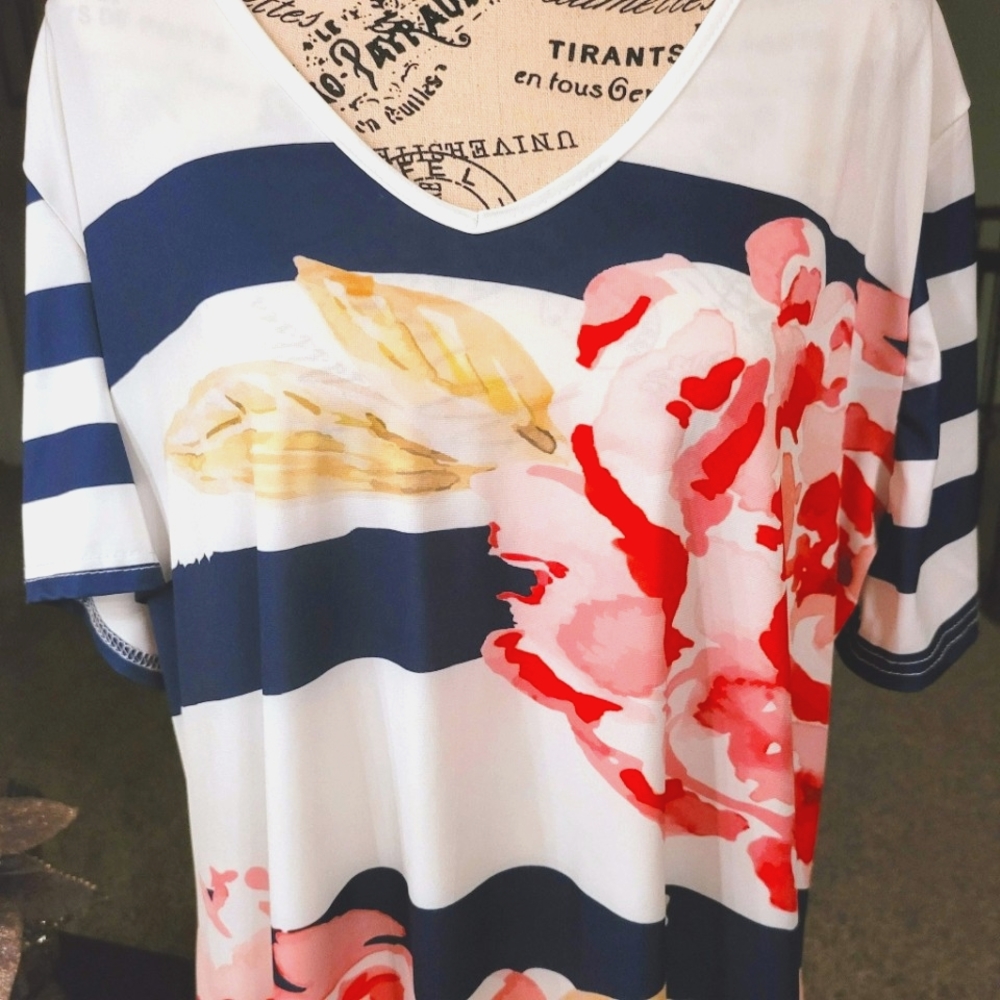 Navy & Red Stripe Rose V-Neck Tunic